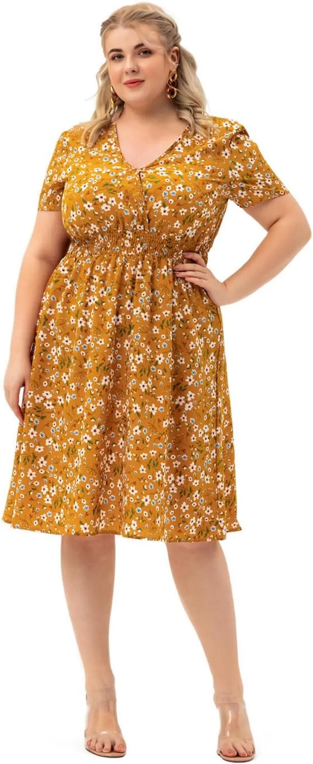 Womens Plus Size Casual V Neck Floral Midi Dress Loose Swing Short Sleeves Summer Dresses
