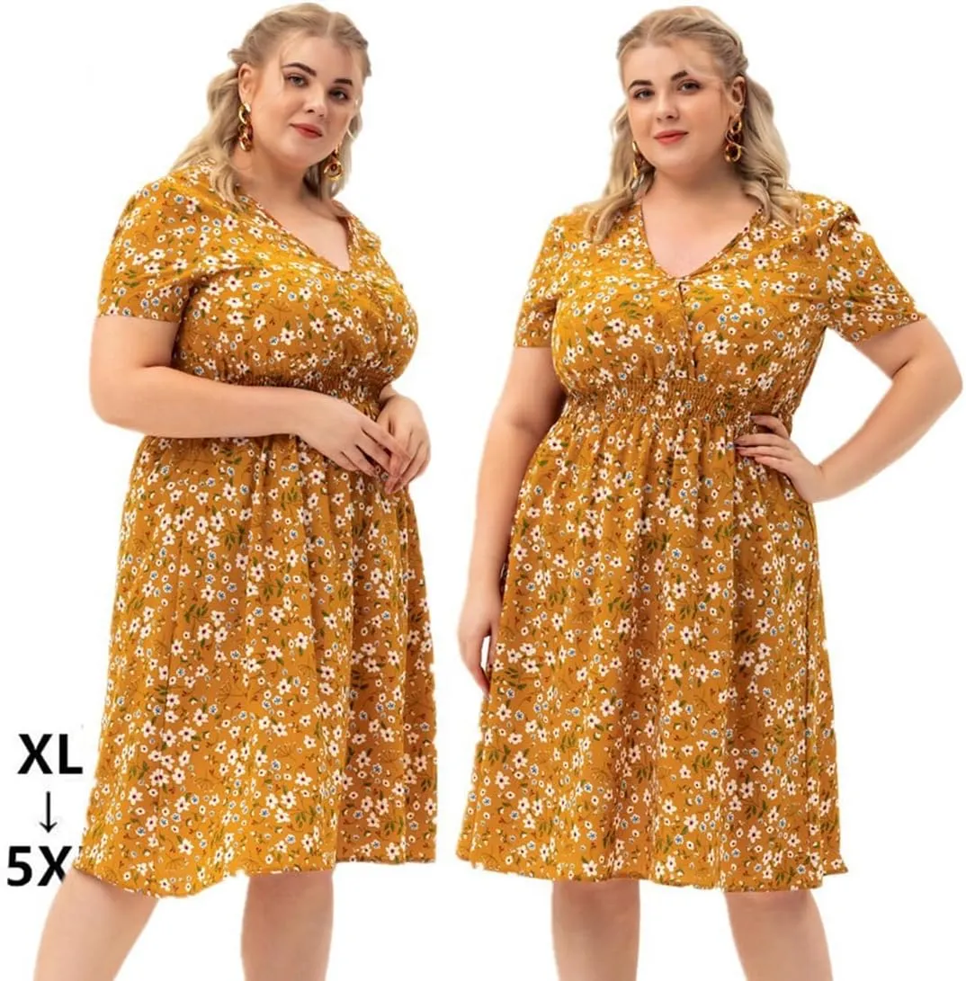 Womens Plus Size Casual V Neck Floral Midi Dress Loose Swing Short Sleeves Summer Dresses