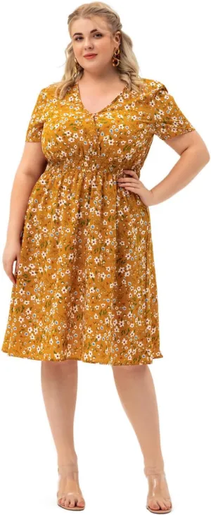 Womens Plus Size Casual V Neck Floral Midi Dress Loose Swing Short Sleeves Summer Dresses