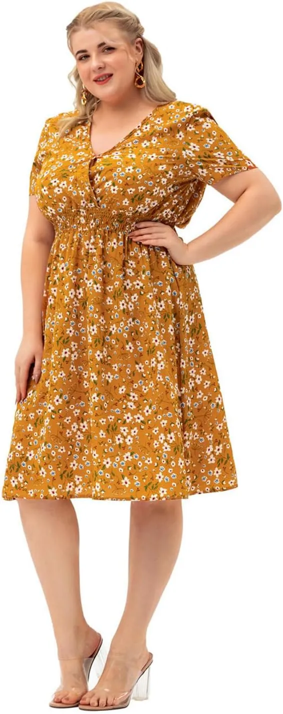 Womens Plus Size Casual V Neck Floral Midi Dress Loose Swing Short Sleeves Summer Dresses