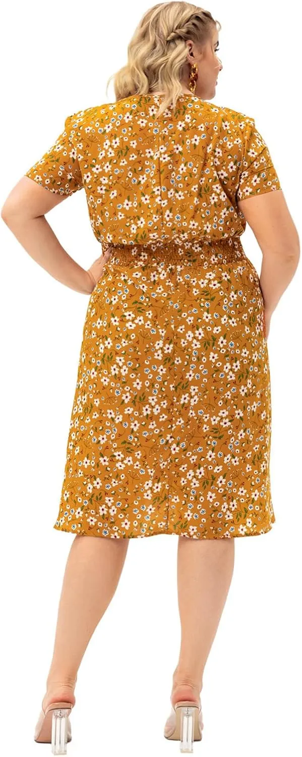 Womens Plus Size Casual V Neck Floral Midi Dress Loose Swing Short Sleeves Summer Dresses