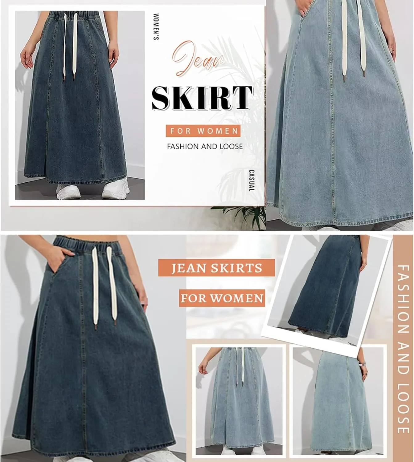 Women's Retro Flared Long Jean Skirt-High Waist Button Front, Pleated Flowy Swing Maxi Skirt in Classic Denim Wash
