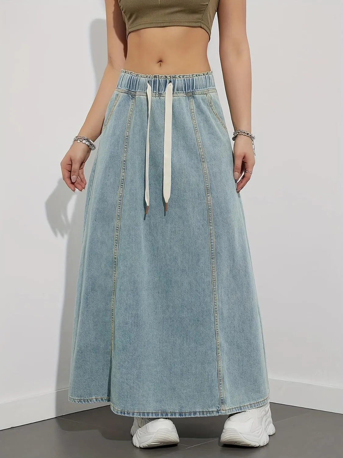 Women's Retro Flared Long Jean Skirt-High Waist Button Front, Pleated Flowy Swing Maxi Skirt in Classic Denim Wash