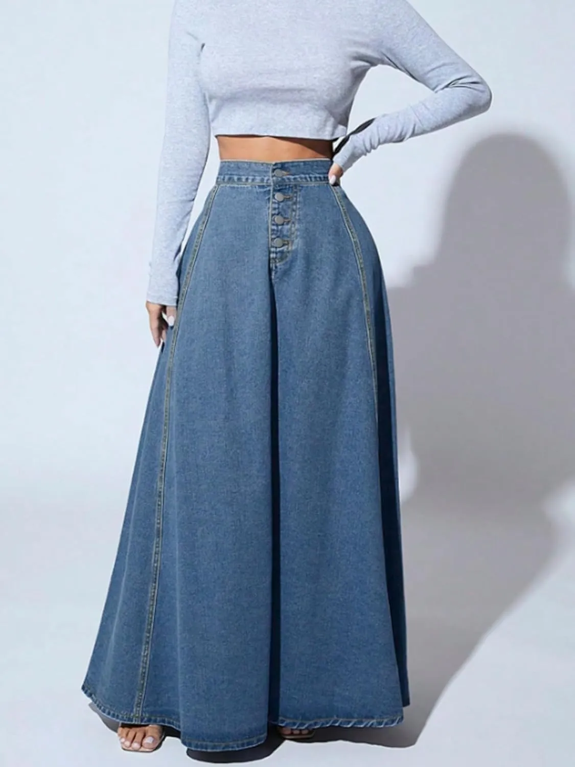 Women's Retro Flared Long Jean Skirt-High Waist Button Front, Pleated Flowy Swing Maxi Skirt in Classic Denim Wash