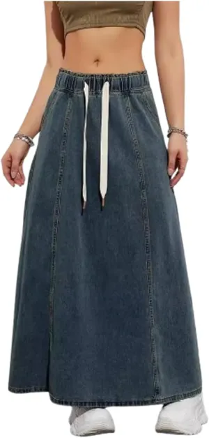 Women's Retro Flared Long Jean Skirt-High Waist Button Front, Pleated Flowy Swing Maxi Skirt in Classic Denim Wash