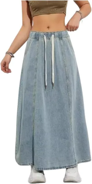 Women's Retro Flared Long Jean Skirt-High Waist Button Front, Pleated Flowy Swing Maxi Skirt in Classic Denim Wash