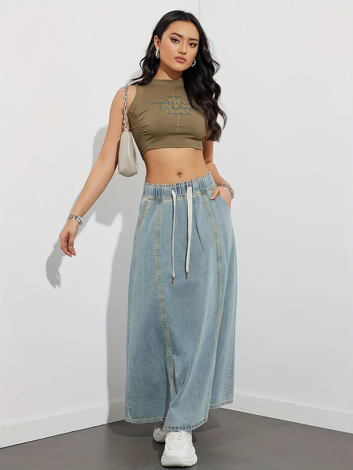 Women's Retro Flared Long Jean Skirt-High Waist Button Front, Pleated Flowy Swing Maxi Skirt in Classic Denim Wash
