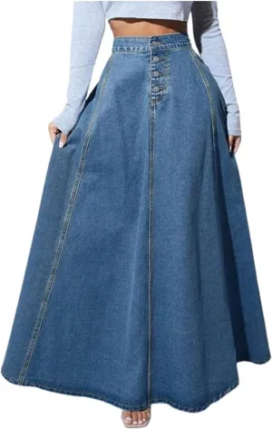 Women's Retro Flared Long Jean Skirt-High Waist Button Front, Pleated Flowy Swing Maxi Skirt in Classic Denim Wash