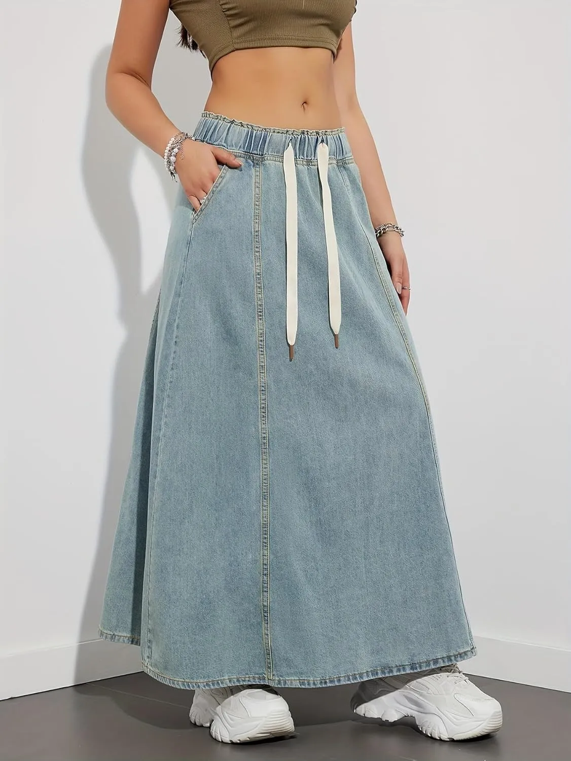 Women's Retro Flared Long Jean Skirt-High Waist Button Front, Pleated Flowy Swing Maxi Skirt in Classic Denim Wash