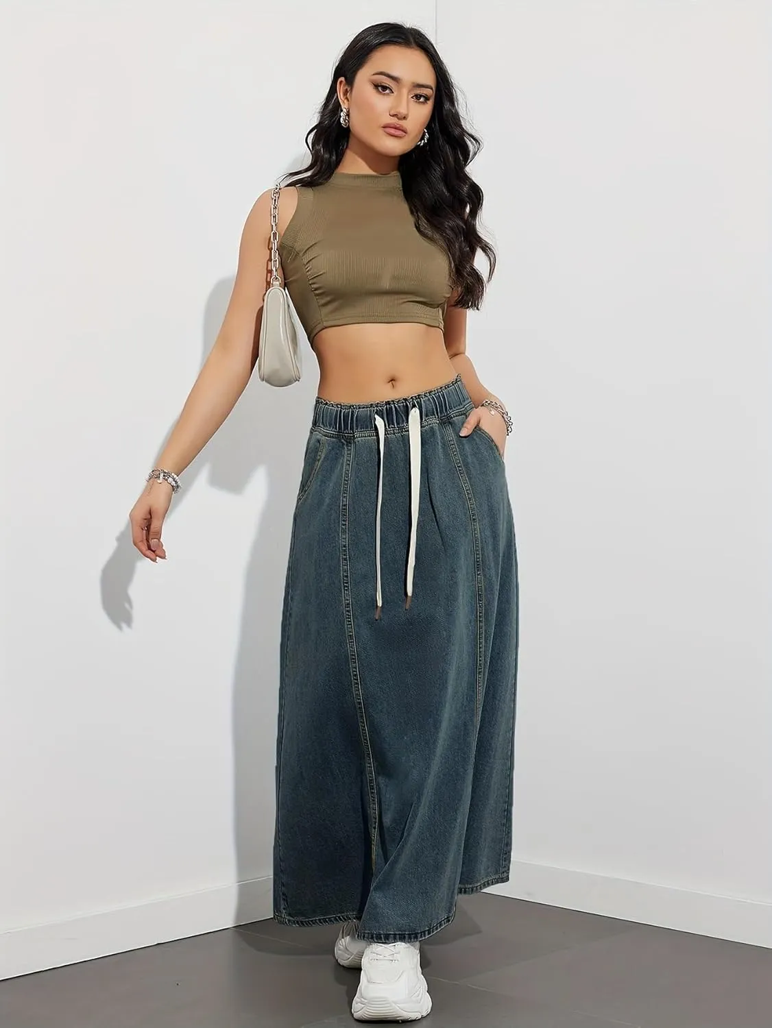 Women's Retro Flared Long Jean Skirt-High Waist Button Front, Pleated Flowy Swing Maxi Skirt in Classic Denim Wash