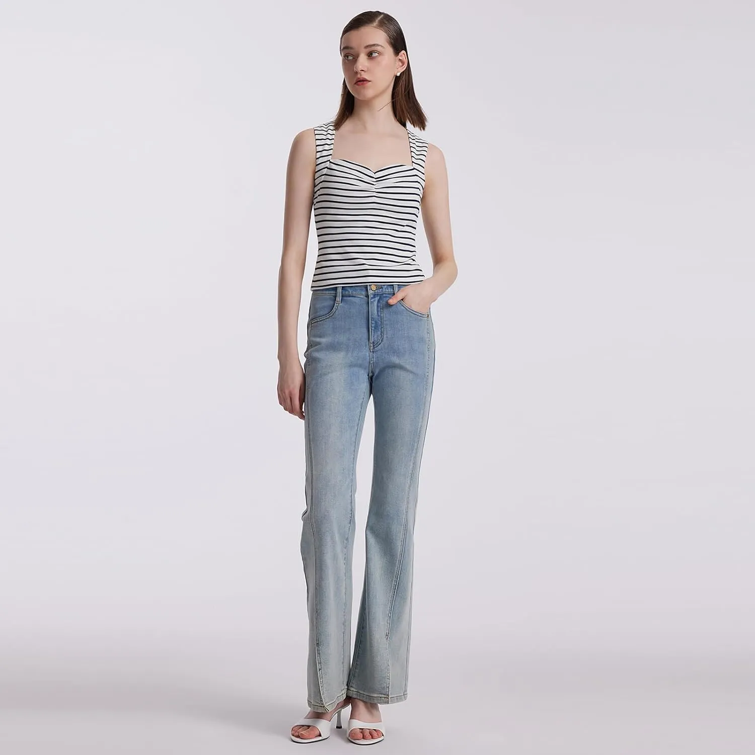 Women's Ribbed Sweater Tank Top Business Casual Slim Fitted Striped Knitted Tops