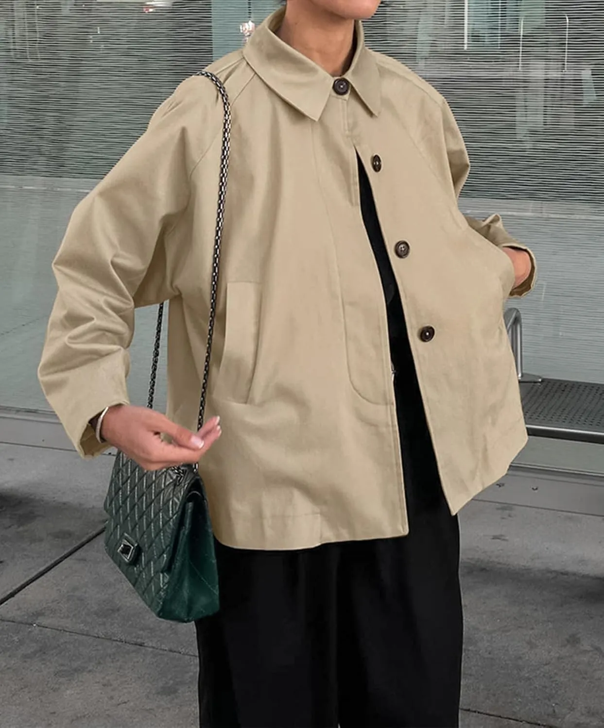 Womens Single Breasted Trench Coat Classic Lapel Long Sleeve Jacket Outerwear with Pockets