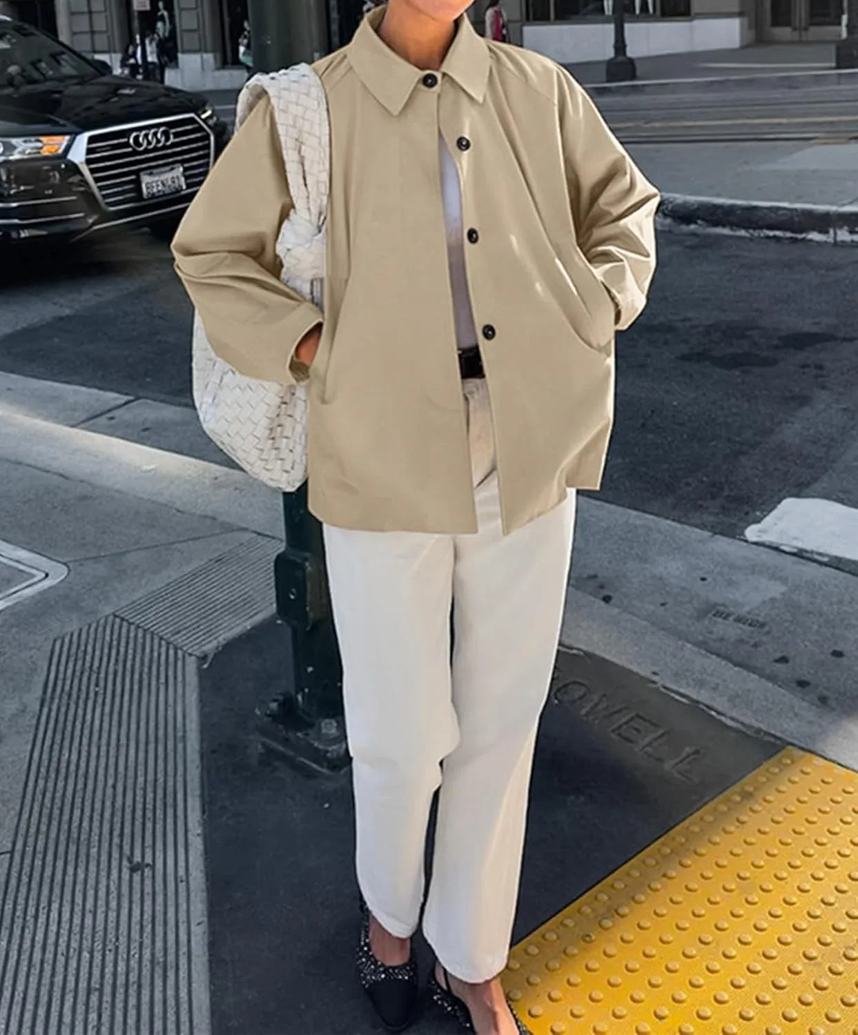 Womens Single Breasted Trench Coat Classic Lapel Long Sleeve Jacket Outerwear with Pockets