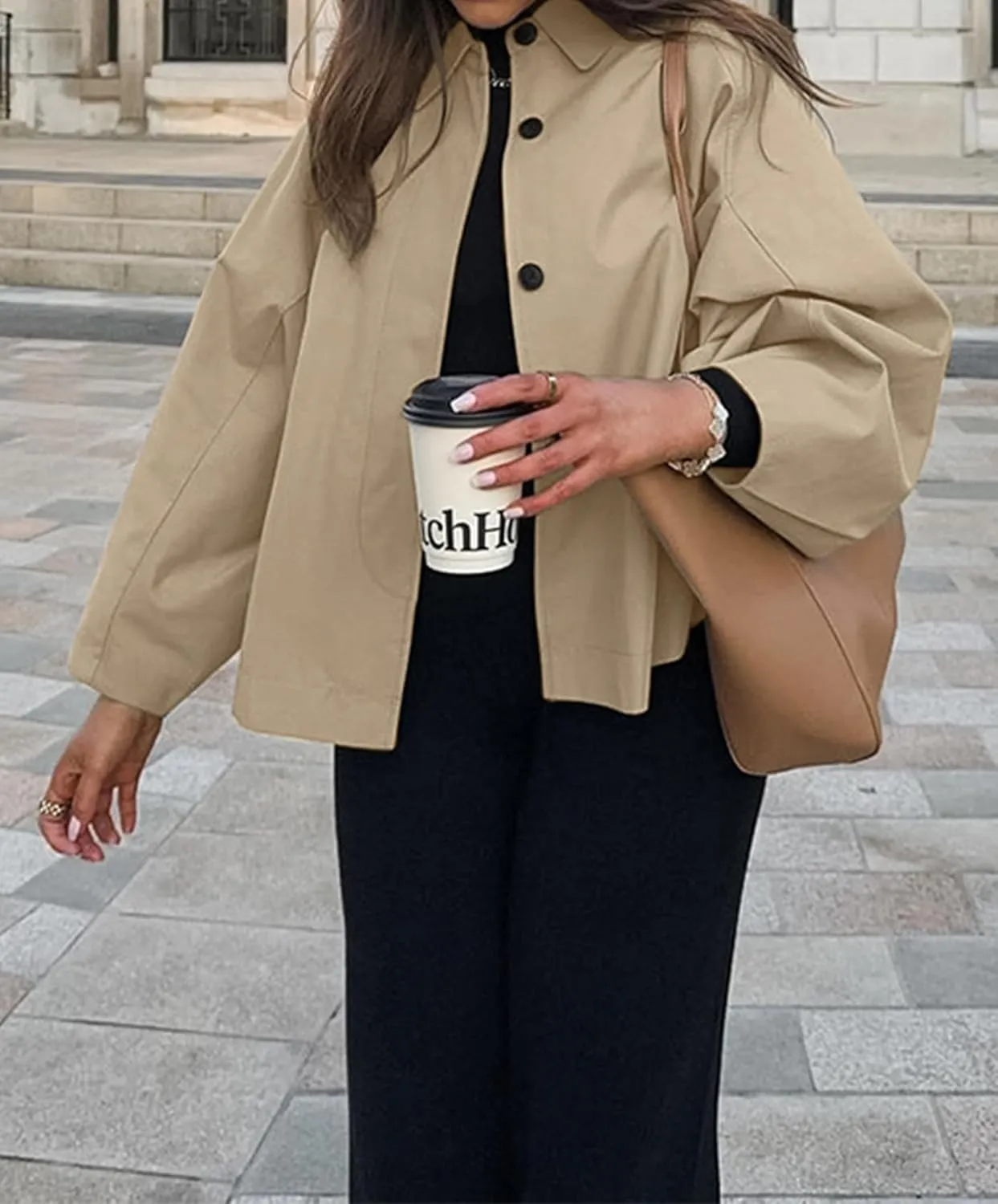 Womens Single Breasted Trench Coat Classic Lapel Long Sleeve Jacket Outerwear with Pockets