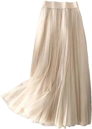 Women's Summer Solid Color Pleated Mesh Skirt - High Waisted Shirring Slim Midi Skirt, Classic Casual Skirts