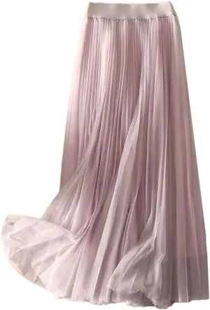 Women's Summer Solid Color Pleated Mesh Skirt - High Waisted Shirring Slim Midi Skirt, Classic Casual Skirts
