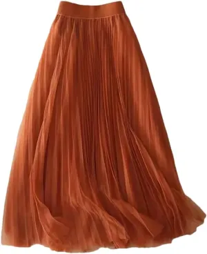 Women's Summer Solid Color Pleated Mesh Skirt - High Waisted Shirring Slim Midi Skirt, Classic Casual Skirts