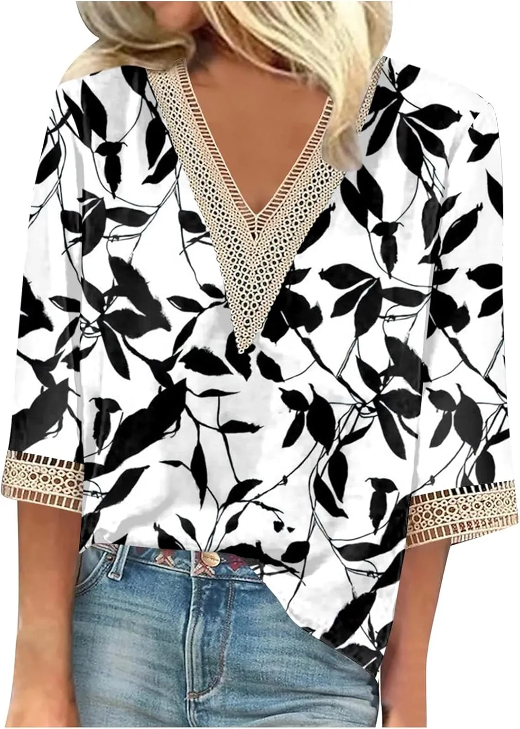 Womens Summer Tops 2023 Ethnic V Neck Fashion Lace Trim Tshirts Printed Comfy 3/4 Sleeve Slim Fit Shirts