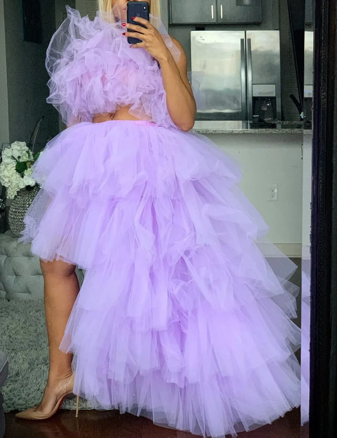 Women's Tiered High Low Maxi Tutu Skirt Puffy Custom Made Mesh Engagement Elastic Waist Irregular Mesh Evening Half Dress