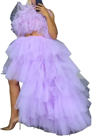 Women's Tiered High Low Maxi Tutu Skirt Puffy Custom Made Mesh Engagement Elastic Waist Irregular Mesh Evening Half Dress