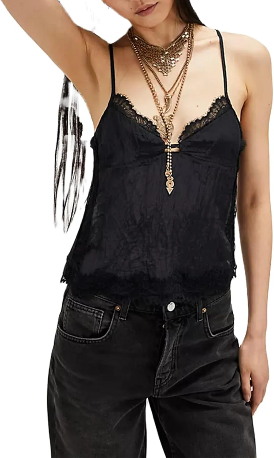 Womens Y2K V Neck Camisole Sexy Spaghetti Strap Lace Trim Going Out Tops Summer Basics Tank Tops Streetwear