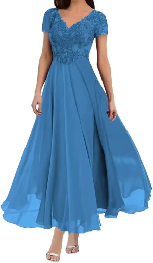 zcbang Mother of The Bride Groom Dresses Tea Length Short Sleeves Formal Evening Gown