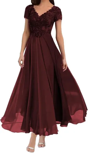 zcbang Mother of The Bride Groom Dresses Tea Length Short Sleeves Formal Evening Gown
