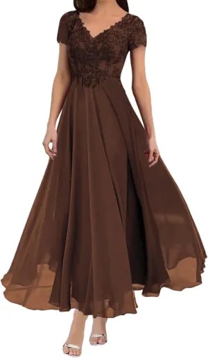 zcbang Mother of The Bride Groom Dresses Tea Length Short Sleeves Formal Evening Gown