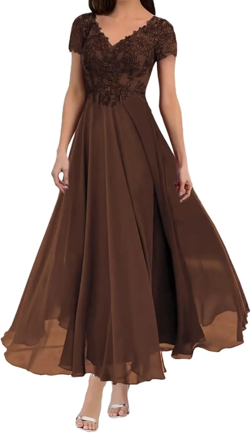 zcbang Mother of The Bride Groom Dresses Tea Length Short Sleeves Formal Evening Gown