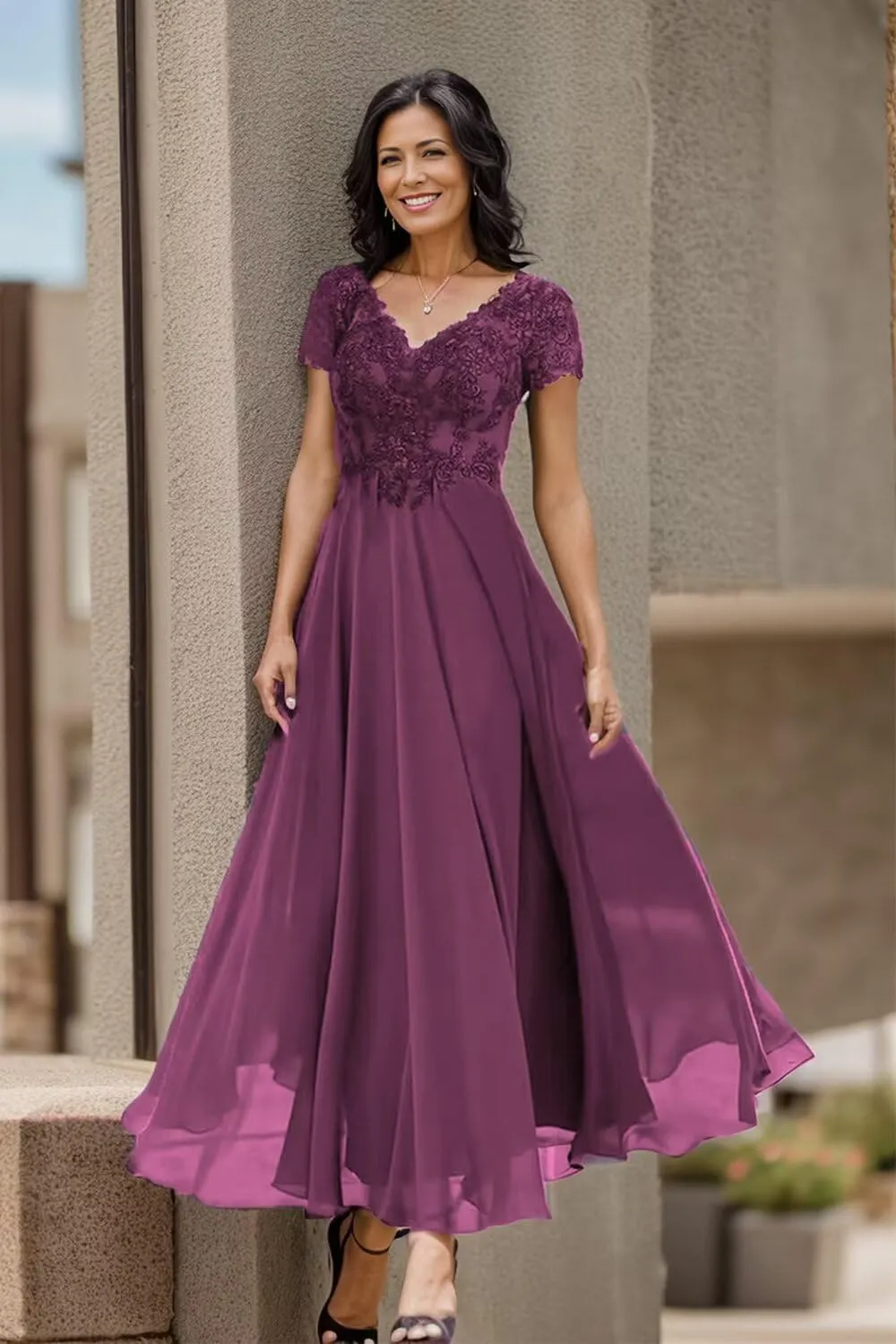 zcbang Mother of The Bride Groom Dresses Tea Length Short Sleeves Formal Evening Gown