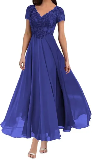 zcbang Mother of The Bride Groom Dresses Tea Length Short Sleeves Formal Evening Gown
