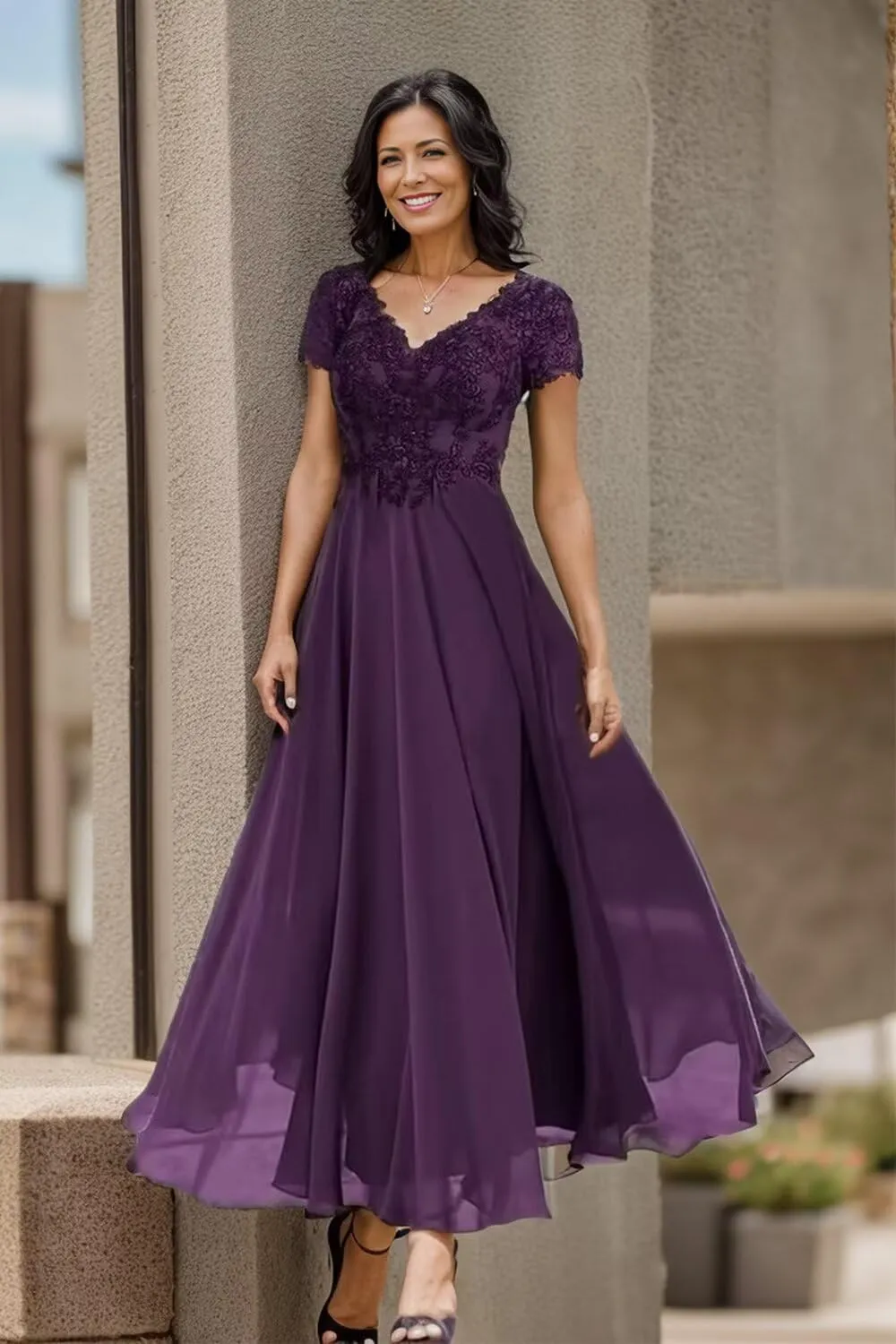zcbang Mother of The Bride Groom Dresses Tea Length Short Sleeves Formal Evening Gown