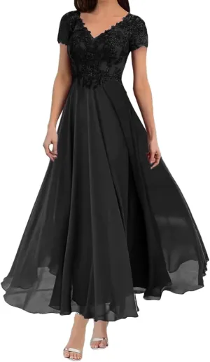zcbang Mother of The Bride Groom Dresses Tea Length Short Sleeves Formal Evening Gown