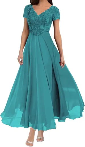 zcbang Mother of The Bride Groom Dresses Tea Length Short Sleeves Formal Evening Gown