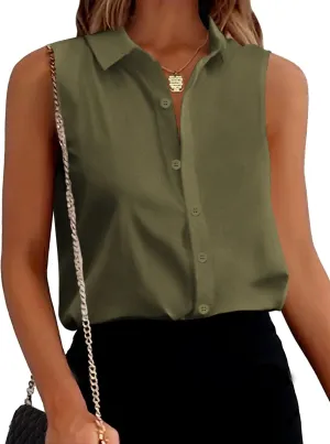 Zeagoo Women's Sleeveless Button Down Shirts Blouses Solid Casual Loose V Neck Tank Tops for Work S-XXL