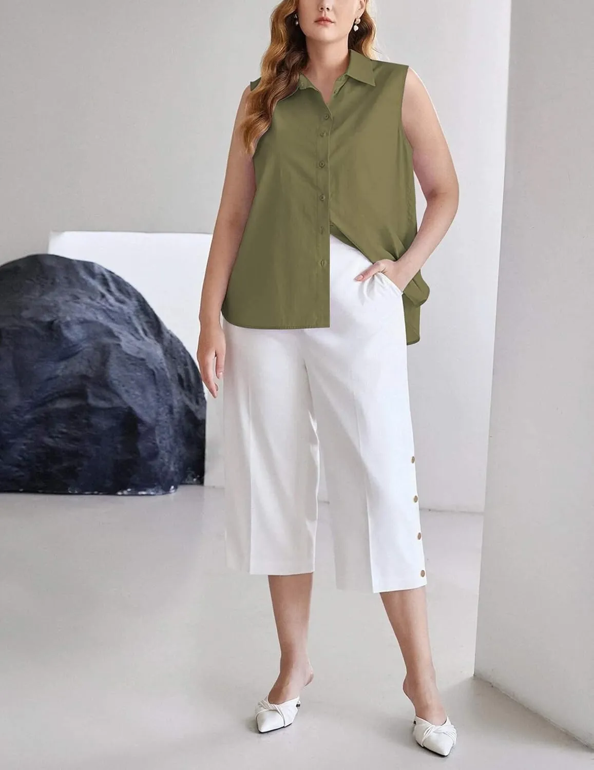 Zeagoo Women's Sleeveless Button Down Shirts Blouses Solid Casual Loose V Neck Tank Tops for Work S-XXL