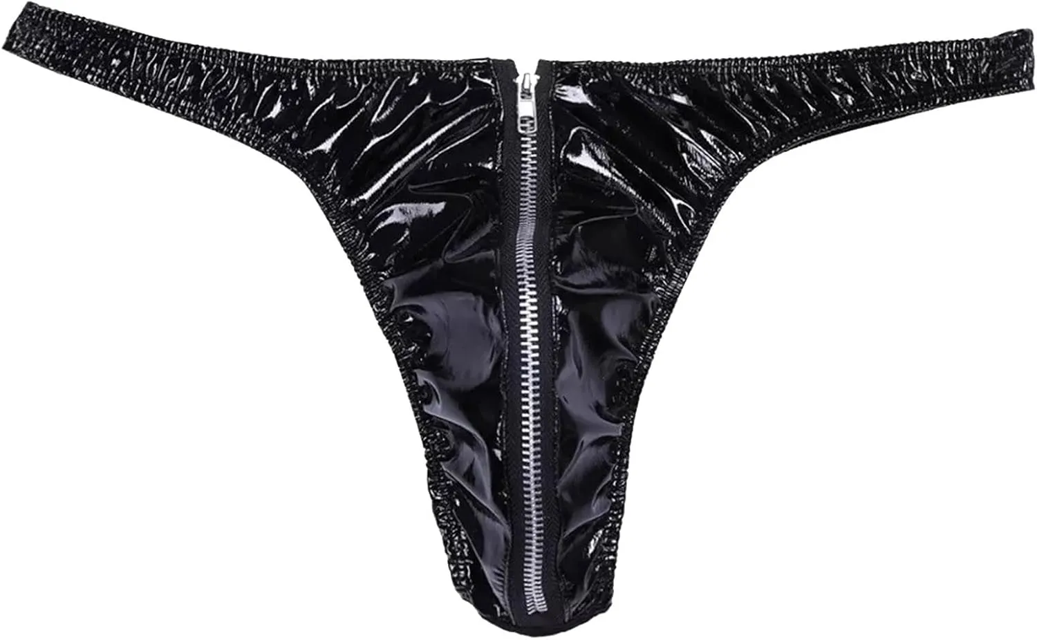 Zipper Thongs for Men PU Leather Underwear Sexy Low Waist Panties Stretch Breathable Jockstrap Seamless Boyshorts Black